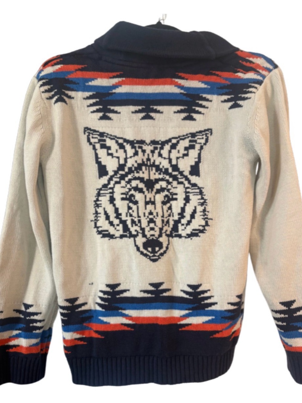 Vintage Canadian Cowichan Wool Cardigan with Wolf Design on Back
